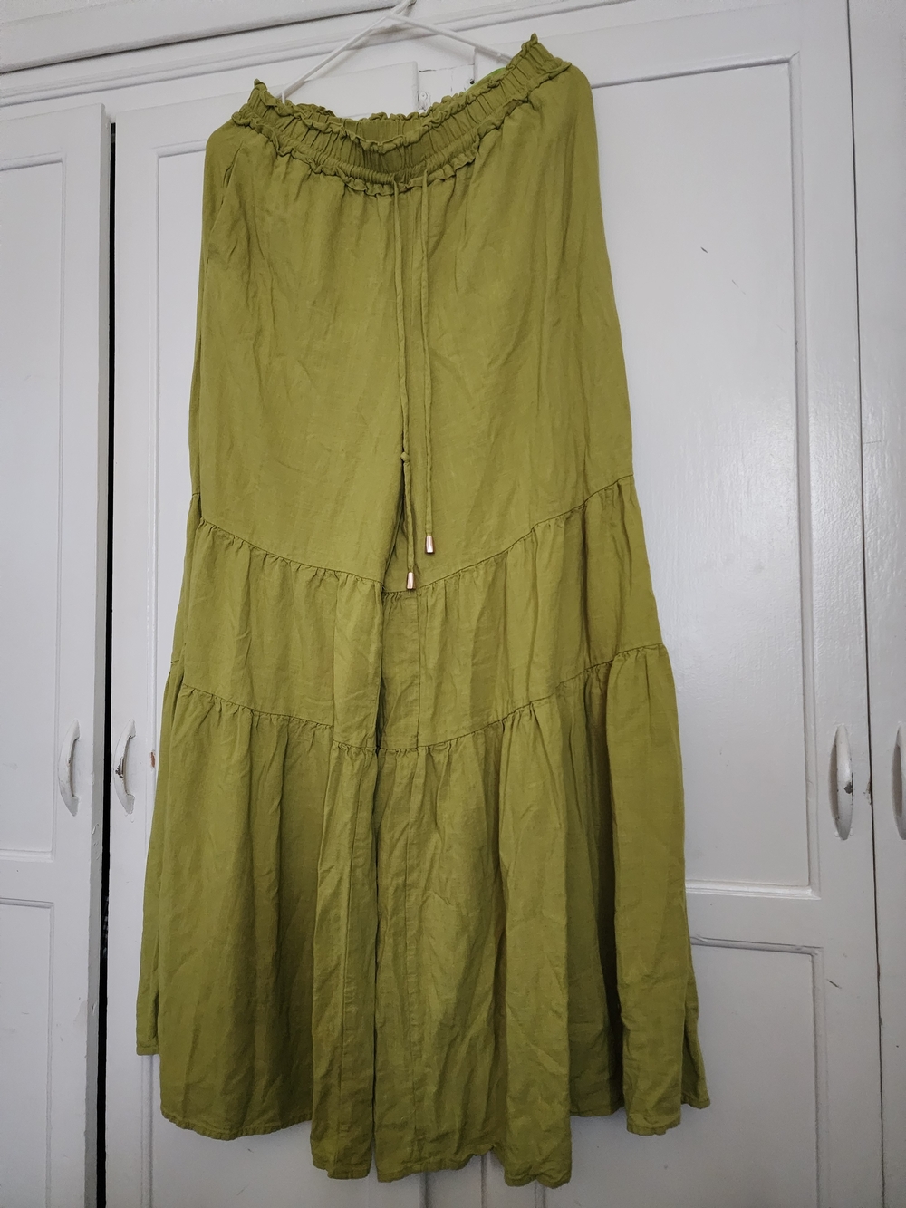 cameo Olive Green Tiered Maxi Skirt with Drawstring Waist
